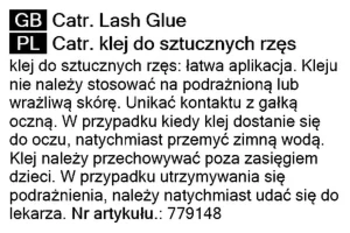 Zbliżenie na białą etykietę z czarnym tekstem Catr. Lash Glue i polskimi instrukcjami bezpieczeństwa.
