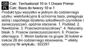 Tekst z etykiety Catr. 10 in 1 Dream Primer, baza do twarzy SPF15, obietnice: nawilżenie, ochrona.