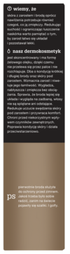 Tekst o dermokosmetyku Tołpa do brody (żel-olejek) na ciemnym tle, z brązową sekcją "PS" poniżej.