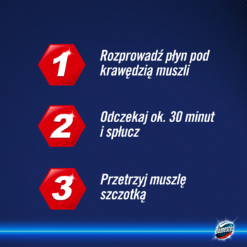 Graficzna instrukcja Domestos: 3 czerwone kroki czyszczenia toalety. Rozprowadź, czekaj 30 min, szczotkuj.