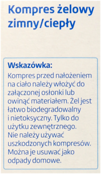 Fragment etykiety kompresu żelowego Altapharma zimny/ciepły z instrukcjami użytkowania, tekst 'Wskazówka'.