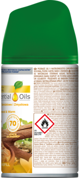 Tył wkładu Air Wick Freshmatic Essential Oils, zapach Sandalwood & Warm, z ikoną płomienia i 70 dniami.