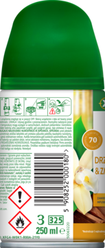 Tył wkładu Air Wick Freshmatic 250ml wanilia: zielona nakrętka, kod kreskowy, ikony ostrzegawcze, polskie napisy.