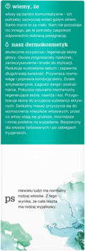 Pionowy blok tekstu na zielonym tle: opis dermokosmetyku do włosów, oczyszcza, regeneruje i wzmacnia, z dopiskiem o unikalności włosów.