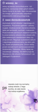 Strona reklamowa dermokosmetyku do włosów. Główny tekst o jego właściwościach na fioletowym tle, dół z hasłem 'ps' i kwiatami.