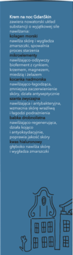 Krem na noc GdańSkin: lista składników aktywnych i ich właściwości na niebieskim tle z rysunkiem budynku.