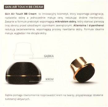 Skin Air Touch BB Cream, czarny słoik, złoty aplikator-gąbka do matującego kremu, widok na białym tle.