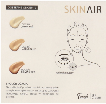 Skin Air Touch BB Cream: grafika prezentuje 3 odcienie (jasny, naturalny, ciemny beż) i ilustrację aplikacji.