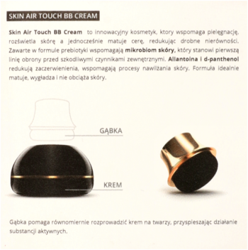 Skin Air Touch BB Cream w czarno-złotym, okrągłym opakowaniu z gąbką i złotym aplikatorem obok. Widok z boku.