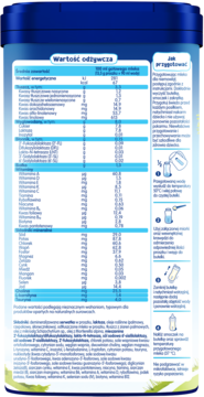 Tył niebieskiej puszki Humana 1 mleka początkowego z białą etykietą, wartościami odżywczymi i instrukcją przygotowania.