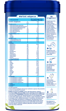 Tył niebieskiej puszki mleka Humana 1 z pełną tabelą wartości odżywczych i instrukcją przygotowania pokarmu.