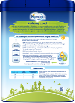 Tył niebieskiej puszki mleka następnego Humana 2 Probalance z informacjami o składzie i dawkowaniu.
