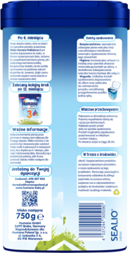 Tył opakowania mleka następnego Humana 2 dla niemowląt po 6 miesiącu, z polskim tekstem i kodem QR, 750g.