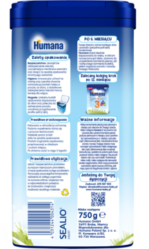 Tył niebieskiej puszki mleka następnego Humana 3 dla niemowląt z polskim opisem i kodem kreskowym.