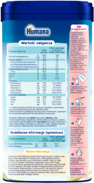 Tył opakowania mleka Humana 3 Mali Odkrywcy, z tabelą wartości odżywczej i instrukcją przygotowania pokarmu.