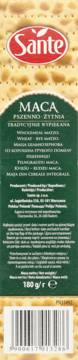 Przód opakowania Sante Maca Pszennon-Żytnia, tradycyjnie wypiekana, zielono-beżowe, z widocznym kodem kreskowym i wagą 180g.