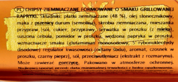 Tył opakowania chipsów ziemniaczanych o smaku grillowanej papryki, z listą składników i informacjami.