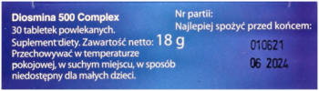 Diosmina 500 Complex suplement diety, tył niebieskiego opakowania z datą ważności i wagą netto 18g.