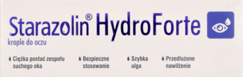 Starazolin HydroForte krople do oczu, białe opakowanie z fioletowym napisem, ikony i tekst opisujący.
