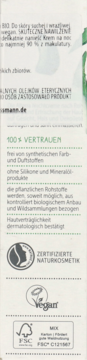 Boczna ściana opakowania kremu na noc z aloesem BIO, widoczne "100% VERTRAUEN", certyfikaty Vegan i FSC.