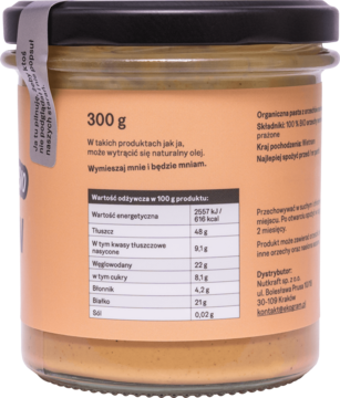 Tył słoika The Real Cashew Paste, pasta z orzechów nerkowca prażonych, etykieta z tabelą wartości odżywczych.
