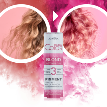 Joanna Ultra Color Pink Blond pigment, butelka na tle transformacji włosów z jasnego blondu w różowy.