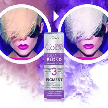 Srebrny pigment Joanna Ultra Color: transformacja ciepłego blondu w chłodny srebrny odcień, widok butelki.