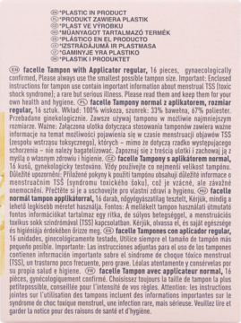 Opakowanie tamponów facelle z aplikatorem regular, 16 szt., tył z instrukcjami i inf. o plastiku.