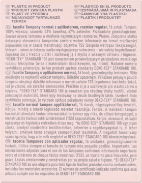 Zbliżenie na białe opakowanie facelle Tampony Normal 16 szt. z aplikatorem, czytelne instrukcje.