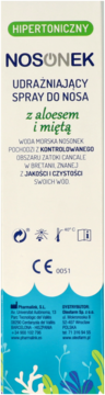 Nosonek hipertoniczny spray do nosa z aloesem i miętą, białe pudełko z falą, widok z przodu.