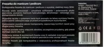 Tył ciemnego opakowania frezarki Bloom Nails do manicure/pedicure, z polskim opisem 30W i kodem kreskowym.