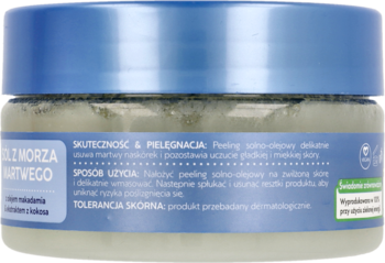 Tył opakowania Isana peeling solno-olejowy Morze Martwe z niebieską nakrętką i polskim opisem składu.