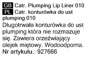 Tekst: Catr. Plumping Lip Liner 010, opis po angielsku i polsku: długotrwała, wodoodporna konturówka z olejkiem miętowym.