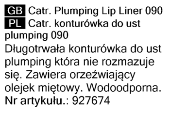 Etykieta produktu Catr. Plumping Lip Liner 090: długotrwała konturówka do ust z olejkiem miętowym, wodoodporna.