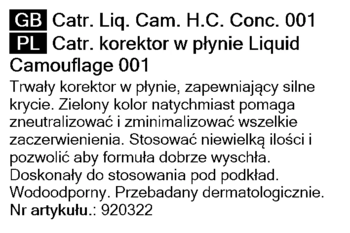 Etykieta zielonego korektora Catrice Liquid Camouflage 001 neutralizującego zaczerwienienia.
