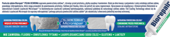 Pasta Biorepair Pełna Ochrona 75ml w białej tubce, niebieskie napisy. Schemat zębów pokazuje odbudowę szkliwa microRepair.