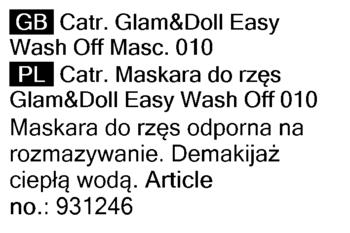 Białe tło z czarnym tekstem GB/PL opisującym maskarę Catrice Glam&Doll Easy Wash Off 010, odporną na rozmazywanie.