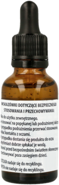 Serum do twarzy z kwasem hialuronowym 2% w brązowej butelce, widok etykiety z instrukcjami bezpieczeństwa.