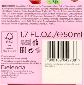 Tył różowego kartonowego opakowania kremu nawilżającego Bielenda 50ml, z kodem kreskowym i symbolami FSC.