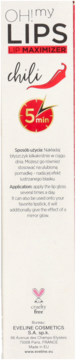 Błyszczyk powiększający Oh!my LIPS Chili Lip Maximizer w białym kartoniku, widok z przodu, ikona chili i 5 min.