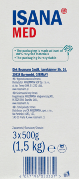 Białe opakowanie soli do kąpieli ISANA MED z tyłu, z tekstem o recyklingu, danych producenta i wagą 1,5 kg.