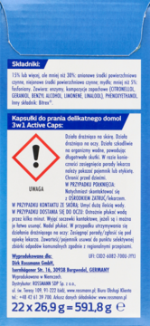 Tył opakowania Domol 3w1 Active Caps z listą składników, ostrzeżeniami oraz informacjami o producencie i masie netto.