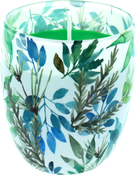 Domol Perfume & Style Spacer leśny, zielona świeca w szklanym naczyniu z botanicznym wzorem liści. Ujęcie z góry.