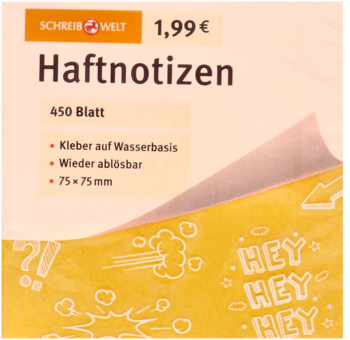Żółte karteczki samoprzylepne 75x75mm, 450 sztuk, z rysunkami 'HEY', w opakowaniu Schreibwelt z ceną.