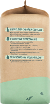 Tył opakowania Babydream Pieluszki ekologiczne: brązowy papier z opisem celulozy, opakowania i wkładu chłonnego.
