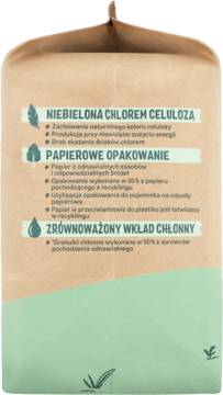 Tył opakowania Babydream Pieluszki ekologiczne. Brązowe z zielonym dołem, tekst o niebielonej celulozie i papierze.