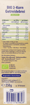 Tylna strona opakowania BIO 3-Korn Getreidebrei (kaszka zbożowa) z tabelą wartości odżywczych i kodem kreskowym.