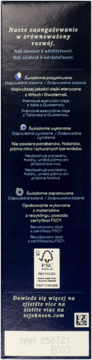Tył opakowania Glade Aromatherapy. Ciemnoniebieskie pudełko z tekstem o zrównoważonym rozwoju i logo FSC.