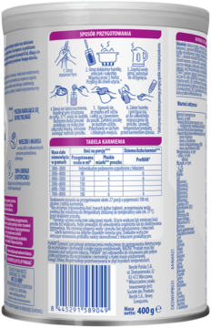 Tył białej puszki PreNAN® dla wcześniaków, fioletowo-niebieskie etykiety, instrukcje przygotowania i tabela karmienia.