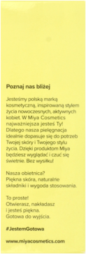 Nawilżający krem SPF 50+ Miya Cosmetics, tył opakowania: żółte tło z czarnym tekstem o marce i obietnicach.